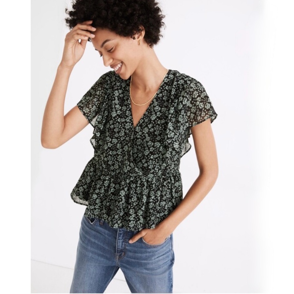 Madewell Georgette Ruffle-Sleeve Peplum Top in Fleur Field